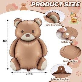 Simgoing 4 Pcs 21x35'' Big Brown Bear Balloons Matte Cartoon Bear Foil Birthday Balloons for Home Decor Jungle Animal Farm Safari Zoo Woodland Themed Party Baby Shower Decoration Supplies