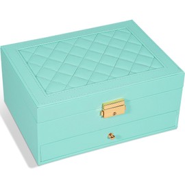 GUOER Jewelry Box for Women Girl Wife - Large PU Leather Jewelry Organizer Storage Case with Two Layers Display for Earrings Bracelets Rings Watches (Teal)