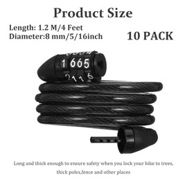 10 Pcs Bike Lock Cable with Combination - 4 Feet Coiled Preset 4 Digit Bicycle Lock, Heavy Duty Steel & PVC Anti Theft Cable for Bicycle, Scooter, Gate, Black 5/16 Inch Diameter
