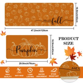 Mocsicka Hello Fall Kitchen Rug Set of 2 Autumn Pumpkin Kitchen Rug for Fall Home Decor Washable Anti-Slip Kitchen Mats for Autumn Kitchen Decor Floor Rug for Kitchen Doormat 17x29 and 17x47 Inch