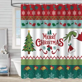 ZCHOMI Merry Christmas Grinch Shower Curtain Xmas Tree Santa Hat Snowflake Red Green Winter Holiday Bathroom Curtain Waterproof Polyester Fabric Bath Curtain 72 x 72 Inch with 12 Plastic Hooks