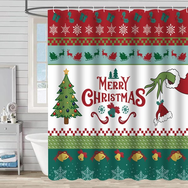 ZCHOMI Merry Christmas Grinch Shower Curtain Xmas Tree Santa Hat