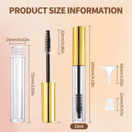 8 Pack Empty Mascara Tube 10ml Refillable Bottles with Brush Wand&Funnels,Leakproof Travel Containers for Lash & Brow Serum,Portable for Makeup Artists or Beginners(Gold)