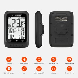 COOSPO Bike Computer GPS Wireless, ANT+ Cycling Computer GPS with Bluetooth, Multifunctional ANT+ Bicycle Computer GPS with 2.4 LCD Screen, Bike Speedometer with Auto Backlight IP67