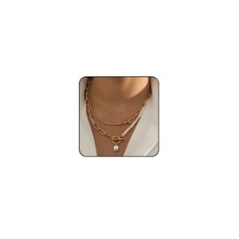 Layered Gold Necklace for Women Non Tarnish Pearl Pendant Paperclip Stack Necklace for Women Gold Jewelry Set (Gold)