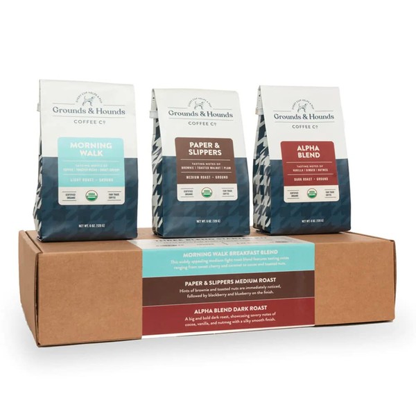 Grounds & Hounds Juego de tres mezclas para principiantes, 100% comercio justo, paquete de variedades de café orgánico, incluye tres. bolsas de nuestras mezclas de café más populares 180 ml (paquete de 3)