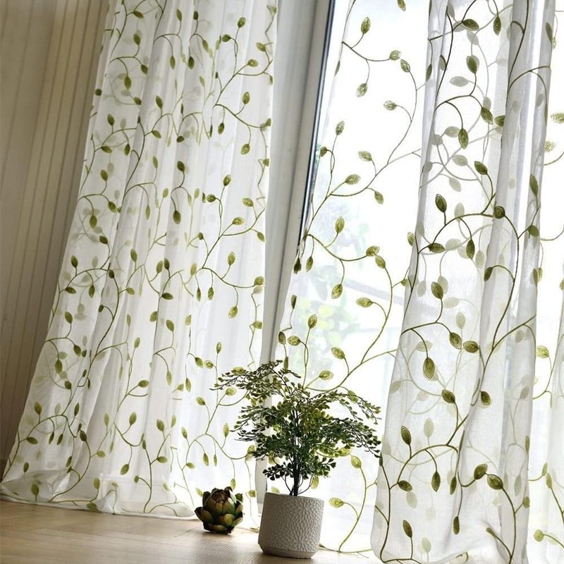 TIYANA Leaf Pattern Lace Curtains, Light Green Ivy Leaves, Set