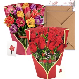 AKASENKO 2 pcs Tarjetas de felicitación de ramo de flores emergentes en 3D,con Sobre de Regalo,Tarjetas Pop Up de Flores,tarjetas del Día para Familiares, Amigos, Aniversarios y Profesores (Estilo Ⅰ)