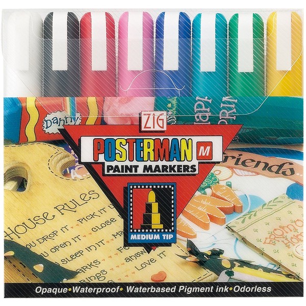 Kuretake ZIG POSTERMAN Medium 2mm 8 Colors set, AP-Certified, Water resistant after drying, Hi-Opaque, No mess, Lightfast, Odourless, Xylene Free, Professional quality, Made in Japan