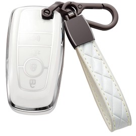 Syodiesn for Ford Key Fob Cover Premium TPU with Leather Keychain Keyless Protection Key Fob Case for 2018-2025 Ford Explorer Bronco F150 Mustang Ranger Escape Edge Expedition Fusion 4 Button B White