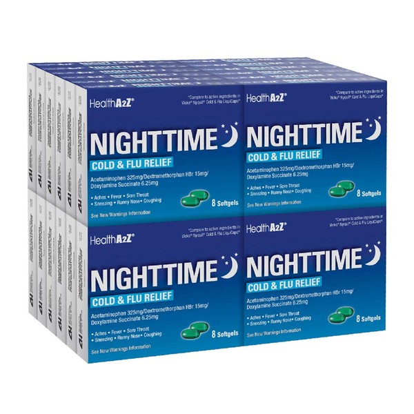 HealthA2Z Nighttime Cold & Flu Relief - | 8 Count Softgels (Pack of 24) | (192 Softgels Count) | Compare to Vicks® Nyquil® Cold & Flu Liqui Caps Active Ingredient