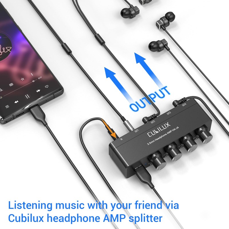 Cubilux 4-Way Headphone Amplifier 3.5mm with Volume Adjustment,Multiple Headphone Jack