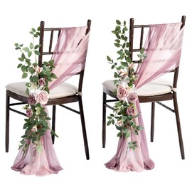 Ling's Moment 8 Wedding Chair Decorations Aisle Pew Church Artificial Flower Greenery Swag Dusty Rose Pink Cream Bench Ceremony Reception Floral Faux Backdrop Rose Arrangements Party Outdoor Sashes