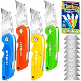 JETMORE Utility Knife, Paper Roll Cutter, 4 Pcs Colorful Box Cutter with 10 SK5 Blades, Navajas Para Trabajo, Folding Utility Knife with Clip, Razor Knife for Cardboard, Carpet, Paper Roll, Box Opener