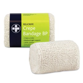 Reliance Medical White BP Grade Cotton Relicrepe Crepe Bandage Soft, Comfortable, Medium/Light Support And Non-Sterile Bandage Designed For Sprains, Strains, And Minor Aches (7.5cm x 4.5m, Pack of 10)