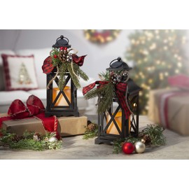 Gerson Set of 2 Battery Operated Lighted Christmas Metal Holiday Lanterns with Floral Accents and Timer