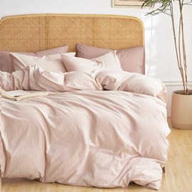 Wake In Cloud - Ticking Cotton Duvet Cover Set, 100% Washed Cotton Textured Percale Bedding Set, Stripe Striped Pinstripe Farmhouse, 3 Pieces, Dusty Pink, Full Size