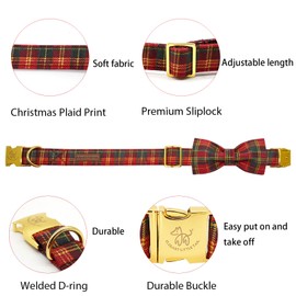 Elegant little tail Dog Collar, Christmas Dog Collar Red Checked Holiday Pet Collar Dog Bow Collar Pet Girl Boy Dog Collar for X-Small Dogs