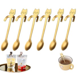 6 High Quality Cat Shaped Coffee Spoons Stainless Steel Tea Spoons Hanging Design for Cat Water Tea Milk Coffee Dessert Drink Mixed Milkshake (Golden)