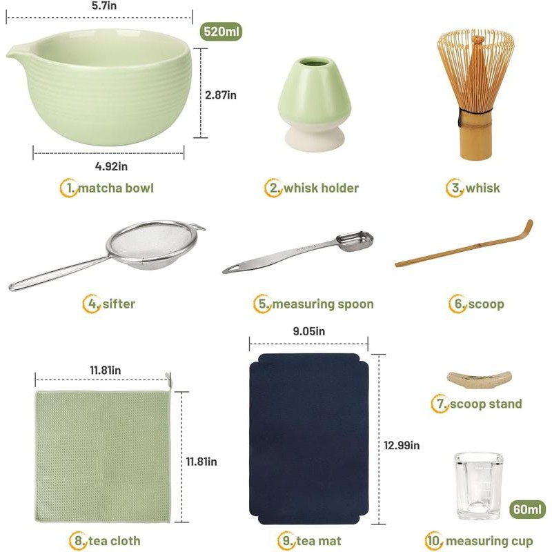 10-Pcs Matcha Kit Set, Whisk and Bowl with Spout &