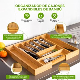 8 Compartimentos Bandeja para Cubiertos Expandible de Bambú,Organizador de Cocina Ajustable 100% de Bambú EcoFriendly,Bandeja de Madera para Cajón,Multiusos para Almacenar y Ordenar.