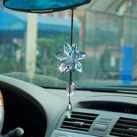 Crystal Flower Rear View Mirror Pendant Car Hanging Ornament Lucky Accessory, Colorful