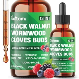 Satoomi 13in1 Black Walnut Liquid Drops with Wormwood, Cloves, Vitamin B6, Vitamin C, Vitamin D, Senna, Cascara Sagrada and 5 More - 2 Fl Oz for 60 Days - Berry Mix Flavor