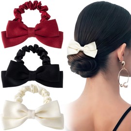 Mxxipp 3pcs Bow Hair Scrunchie for Women, Elastic Ribbon Bow Hair Ties, Bowknot Ponytail Holders Hair Accessories for Thick Thin Curly Straight Long Hair- Black & Red & White