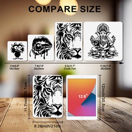 MAYJOYDIY 4Pcs A4 Animal Theme Eye Stencils Tiger Lion Wolf Eagle Templates for Painting 11.7×8.3inch with Paint Brush Reusable Animal Stencils for Craft on Window Wood Wall Home Decor