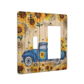 Rustic Vintage Wood Sunflower Blue Truck Gnome 2 Gang Light Switch Cover Plate Decorative Yellow Floral and Car Combination Toggle Rocker/Decora Wall Plate Electrical Switchplate Faceplate for Home