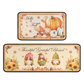 Buffalo Plaid Fall Kitchen Rug Set of 2, Hello Pumpkin Sunflower Orange Rugs Cute Gnome Mat, Autumn Thanksgiving Washable Non Slip Absorbent Microfiber Indoor Floor Decor Mats 17"x 47"+17"x 30"