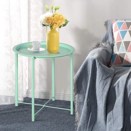 VECELO Side/End Table, Folding Round Metal Anti-Rust and Waterproof Outdoor or Indoor Tray for Living Room Bedroom Balcony and Office, 2 PCS, Light Green
