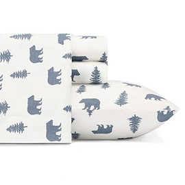 4 Piece Casual Style Whimsical Cotton Flannel Sheets King Size Allover Animal Print Bears Trees Motifs Grey White Color Deep Pocket Fully Elasticized Fitted Sheet Elegant Cozy Comfy Kids Bed Sheet Set