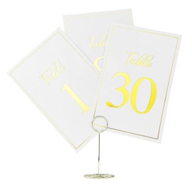 Números de mesa de boda de papel blanco, 1-30 y tarjeta de mesa de cabeza incluida, decoraciones de centro de mesa, doble cara 4x6 con estampado dorado, para soportes de números de mesa