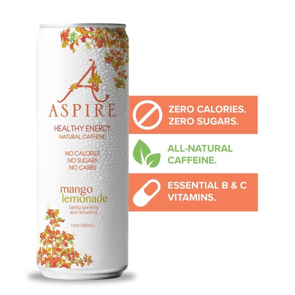 ASPIRE Healthy Energy Drink – Mango Lemonade, 12 Pack – Zero Sugar, Calories or Carbs – Keto, Vegan, Kosher – Contains Natural Caffeine, Vitamins B & C - No Jitters or Crash – 12oz Cans