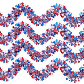 65 Feet 4th of July Garland Memorial Day USA Patriotic Red White Blue Independence Day Tinsel Metallic Tree Car Golf Cart Parade Float Decor Trailer Bike Outdoor Summer Glitter Star Garlands