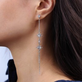 Atentuyi Boho Crystal North Star Earrings Silver Long Drop Dangle Earrings Double Star Tassel Chain Earrings Shooting Star Rhinestone Earrings Small Cz Stud Earrings Jewelry for Women and Girls