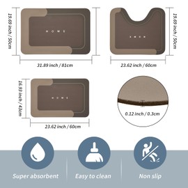 3PCS Absorbent Bath Mat Magic Rug Sets, Quick Drying Bath Mat Non-Slip Floor Rug Rubber Backed for Bathroom Kitchen Shower Sink (16.9''x23.6''+19.7''x23.6''+19.7''x31.9'', Brown)