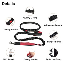 Hands-Free Dog Leash with Waist Belt, Adjustable Bungee Running Leash for Medium & Large Dogs up to 110lbs, Dual Handles, Reflective Stitching, Heavy-Duty Clip, Jogging & Walking Lead (Black & Red)