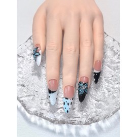 Press-On Nails, Almond Shape, Nude Pink with Rhinestone Accent, 10 Pieces (Blue Devil's flower, Medium hands)