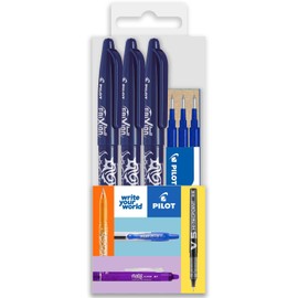 Pilot Frixion Heat/Friction Erasable Rollerball Pen FR7 - Medium Line 0.7mm Tip Nib - Pillow Pack of 3 Pens + 3 Refills (Blue)
