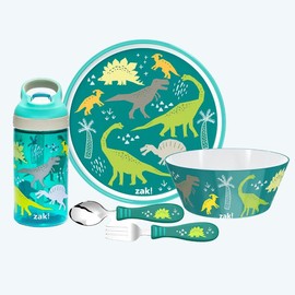 Zak Designs Kids Bold Artwork Mealtime 5 Piece Dinnerware Set with 8-Inch Round Plate, 6-Inch Bowl, Fork & Spoon, 16-Ounce Water Bottle, BPA Free - Color: Dinosaur