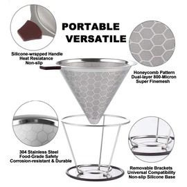 Pour Over Coffee Dripper - 304 Stainless Steel Filter, Brew Coffee Maker, Paperless & Reusable Dual-Layer Metal with Base, 800 Mesh Steel Cone Filter, for 1-6 Cups (Brown)