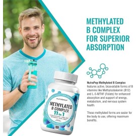 Methylated B-Complex Vitamins - Complete Methyl B Complex Multivitamin with Bioactive B9 5-MTHF B6 B12 - Vegan Gluten Free Sugar Free, 180 Count