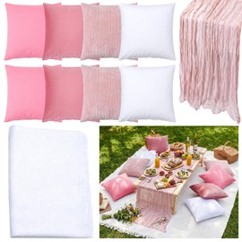 Yuntau Large Outdoor Boho Picnic Blanket with Table Runner 8 Pink White Red Pillows Covers No Pillow Summer Picnic Decor for Camp Birthday Party Bridal Shower Outdoor Backyard Garden(Pink)