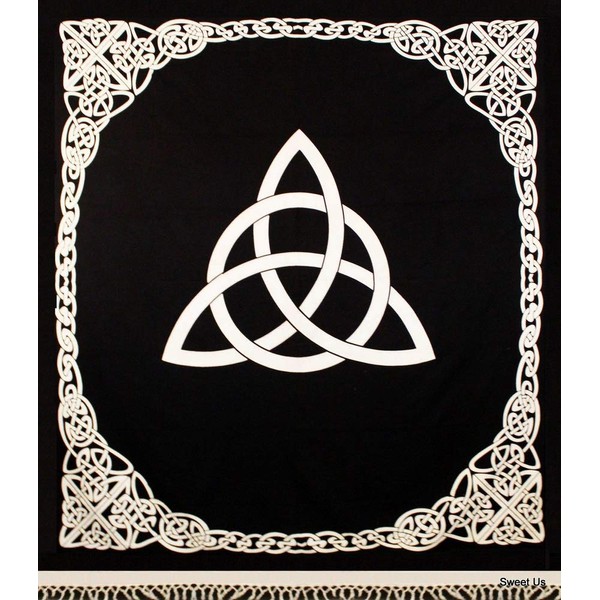 India Arts Heavy Cotton Celtic Trinity Knot Tapestry Wall Hanging Triquetra Bed Sheet Bedspread with Fringes (White, 70 x 98 inches)