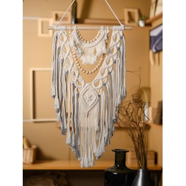 Siykkay Macrame Wall Hanging with Wood Bead Detail, Boho Tapestry Wall Decor, Chic Bohemian Handmade Woven Home Decoration suitable for Bedroom, Living Room, or Wedding Party,13.8" x 23.6"