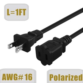 1FT Short Polarized US 2 Prong Male-Female Extension Power Cord, 2 Outlet Extension Cable Cord US AC 2-Prong Male/Female Power cable10A/125V, Nema 1-15P to 1-15R Cable Polarity