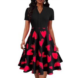 Mokayee Heart Dress for Women Summer Short Sleeve V Neck Fit and Flare High Waist Knee Length A Line Cocktail Wear to Work Business Casual Professional Office Brunch Church Dresses with Pockets S