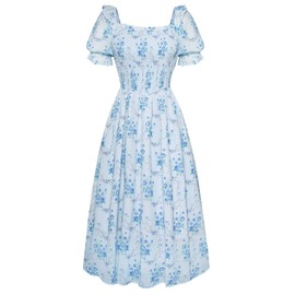 Women's Summer Dresses 2024 Casual Flowy Beach Square Neck Puff Short Sleeve Smocked Floral Midi Dress Rose Blue S